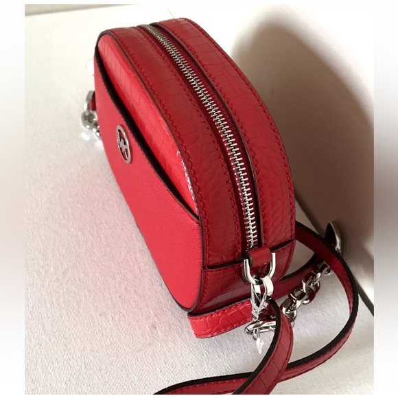 New Michael Kors Jet Set Glam Croc Small Oval Crossbody Bag Bright Red - Picture 3 of 5